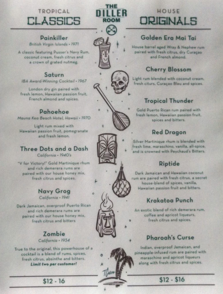 The Diller Room Tiki night menu