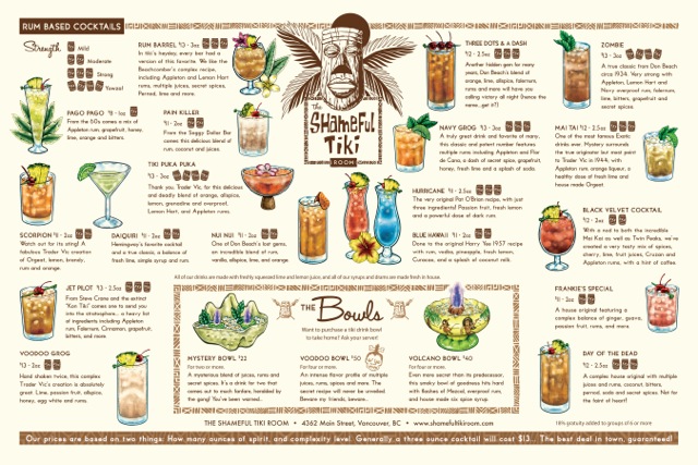 Shameful Tiki Room drink menu