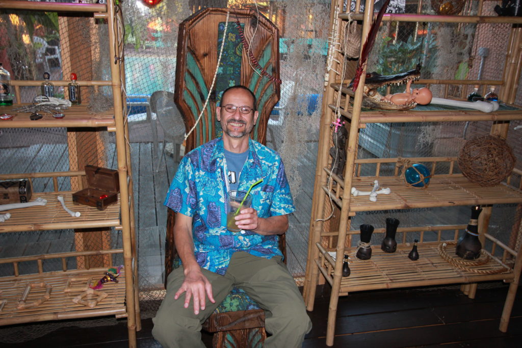 Dieter sitting on the Witco Throne at Doctor Voodoo's Tiki Temple