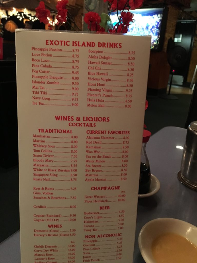 Lee's Hawaiian Islander drink selection