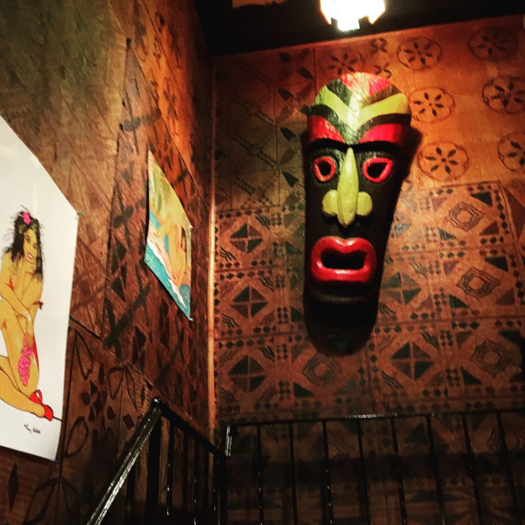 Lee's Hawaiian Islander art and Tiki mask