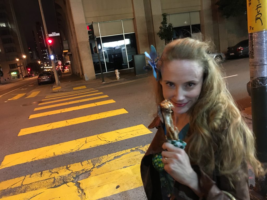 Humuhumu and her turkey leg wild in the streets of San Fran!