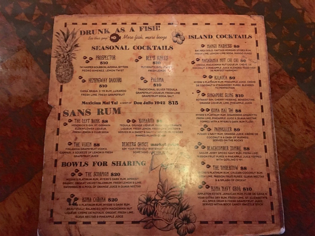 Kona Club drink menu