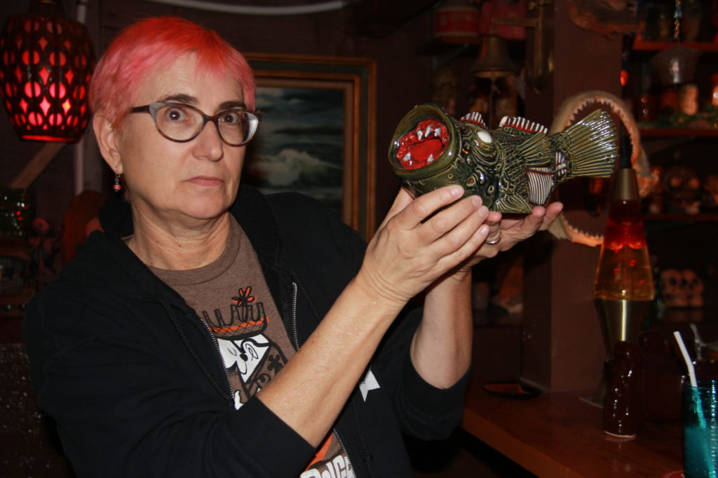 Rhonda with a piranha Tiki mug