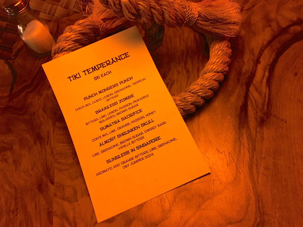 Non-alcoholic Tiki drink menu at Tacoma Cabana