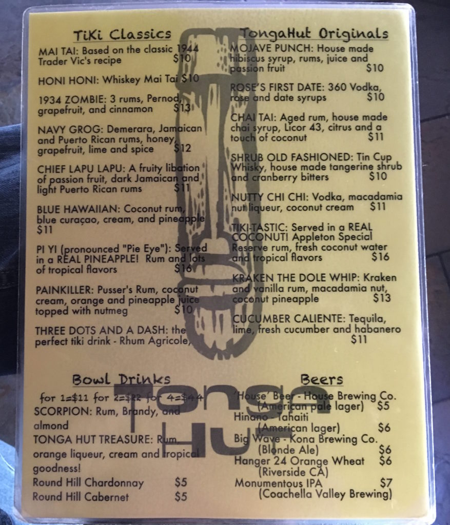 Tonga Hut Palm Springs drink menu